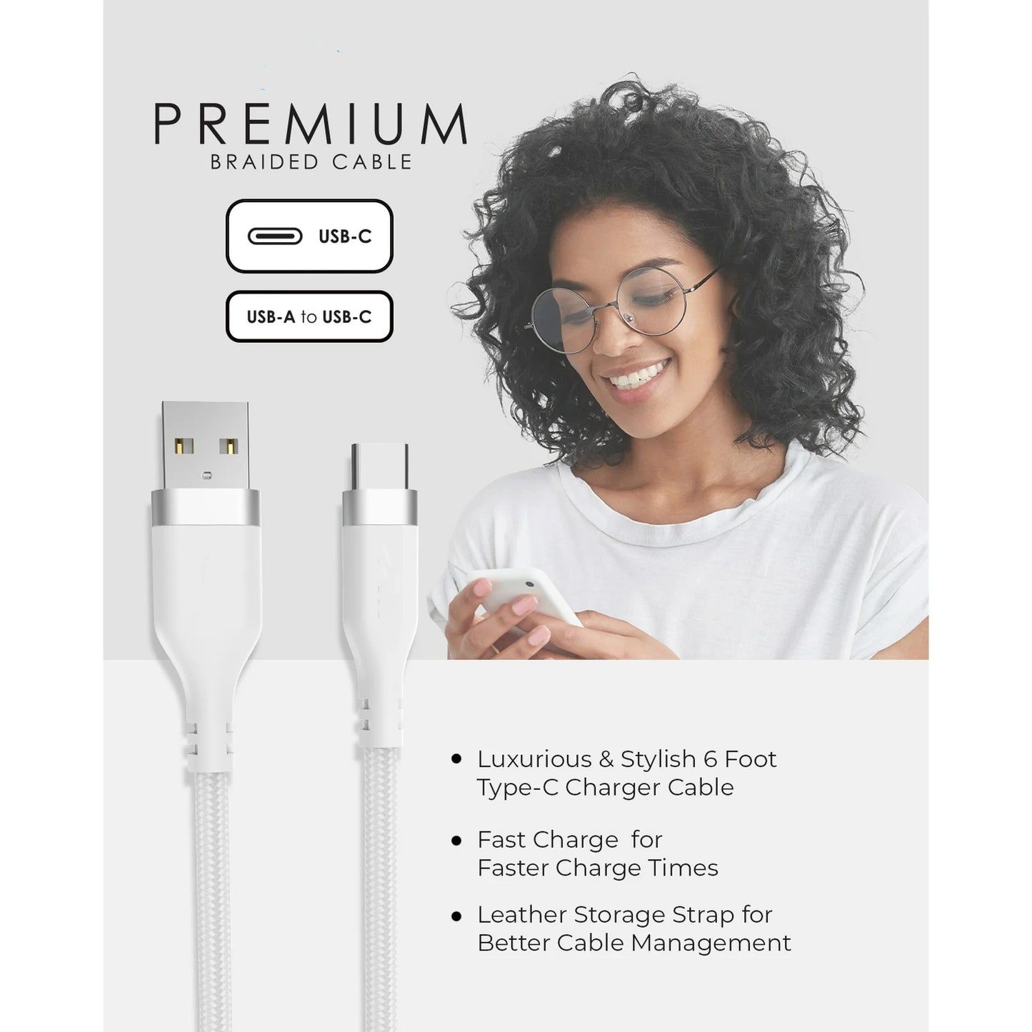 LunaLulinlk Type-C Fast Charger Cable, 6ft USB-C for Galaxy, Note, Tab, MacBook, Premium White