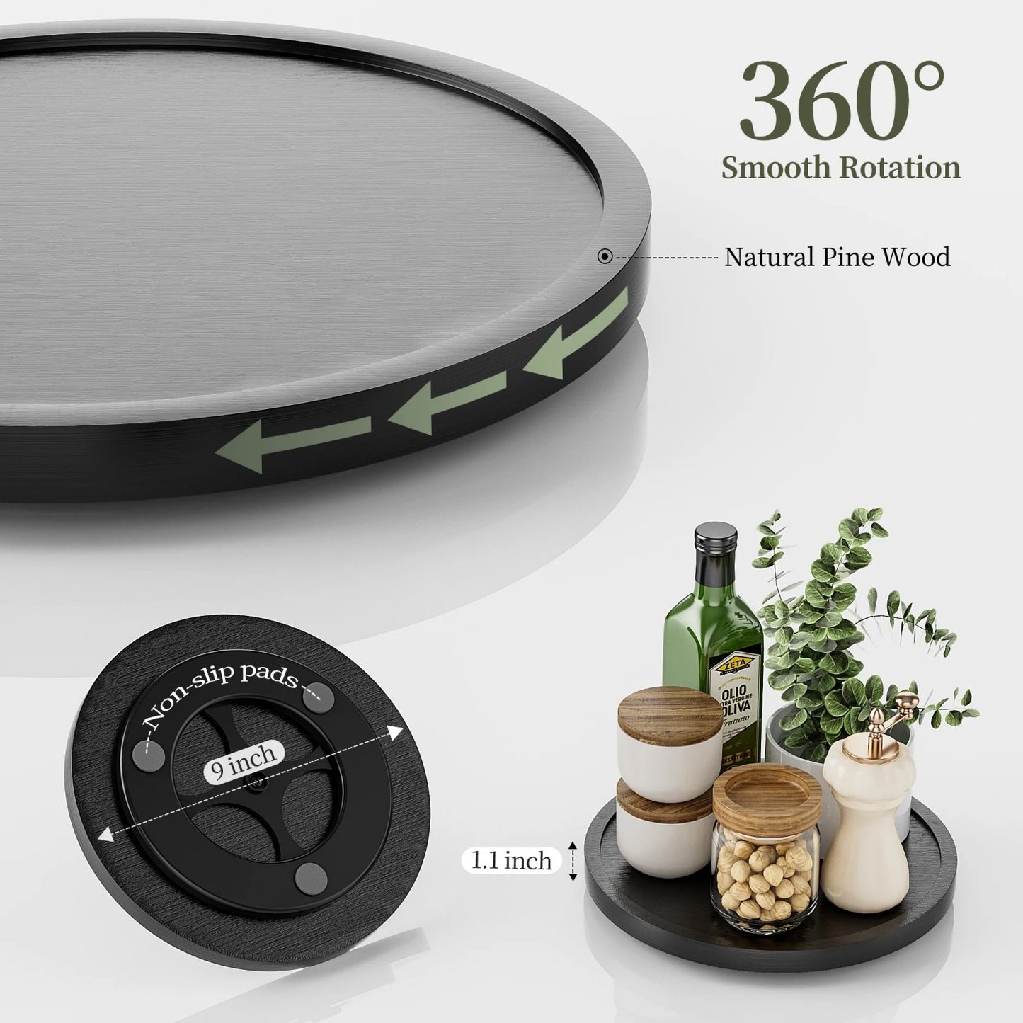 LunaLulinlk Turntable Organizer, 11-inch Wooden Lazy Susan Cabinet, Dining Table, Storage Room, Countertop, Cabinet,Black