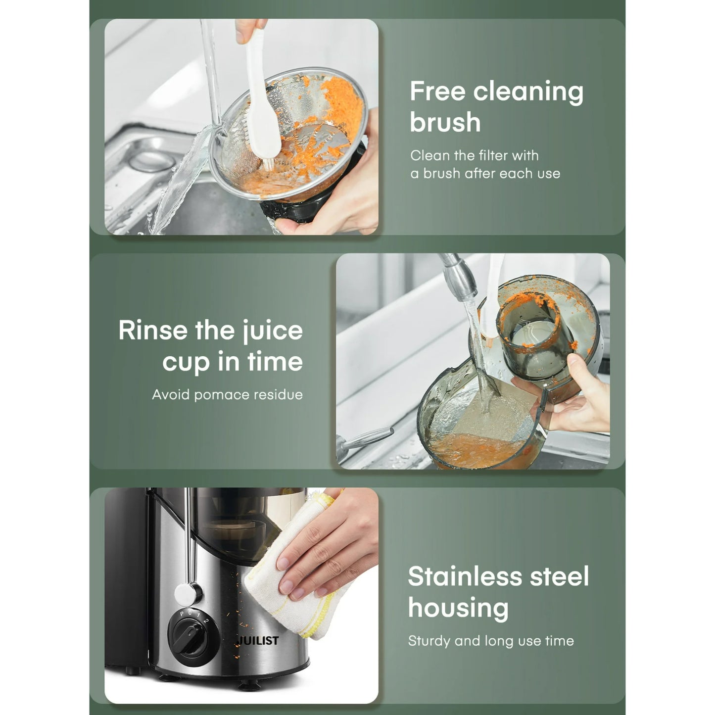 LunaLulinlk Stainless Steel Juicer, Easy to Clean, 3 Speed Control, BPA Free, Silver