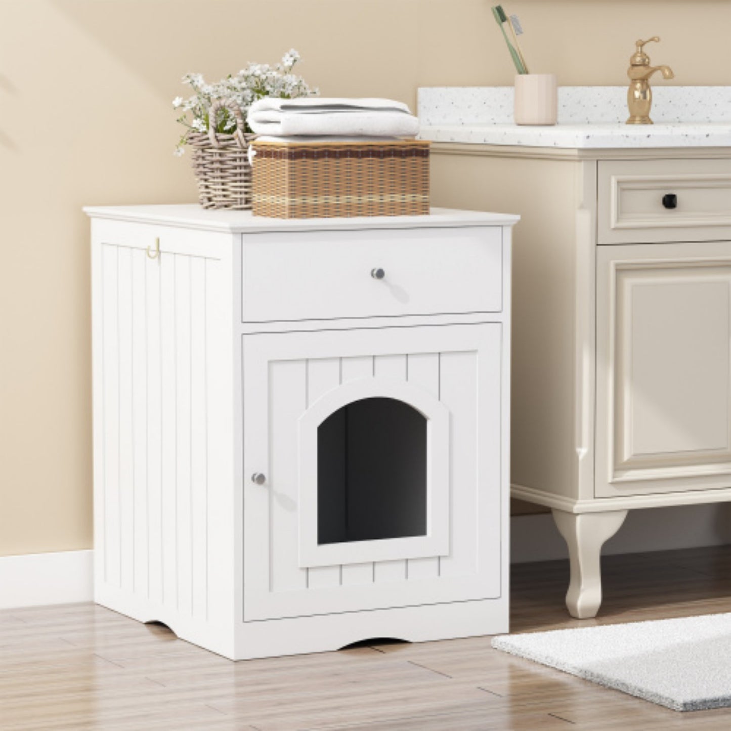 LunaLulinlk Wooden pet house cat litter box fence with drawer and side table