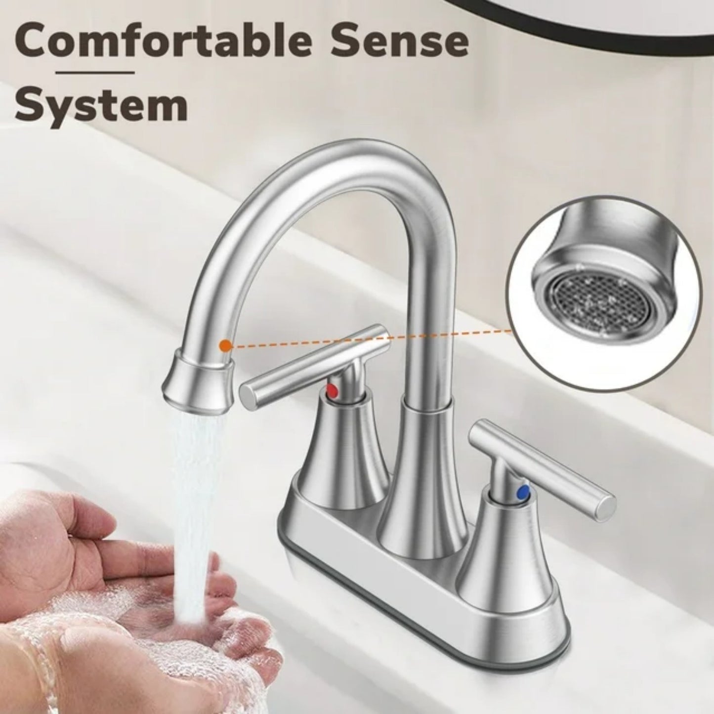 LunaLulinlk Silver 4" stainless steel bathroom sink faucet with pop-up drain and 2 water supply hoses