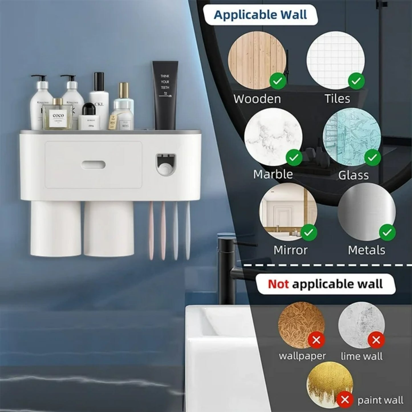 LunaLulinlk Toothbrush Holder for Bathroom, Toothpaste Holder and Dispenser,Wall Mounted Toothbrush Cup Holder with White