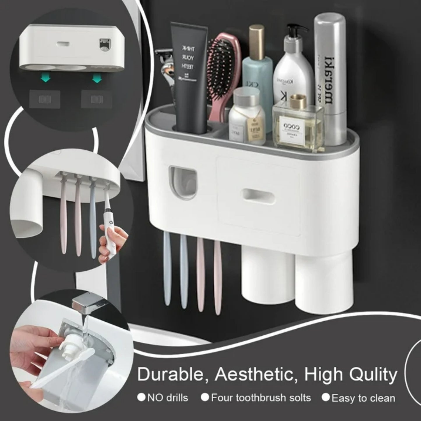 LunaLulinlk Toothbrush Holder for Bathroom, Toothpaste Holder and Dispenser,Wall Mounted Toothbrush Cup Holder with White