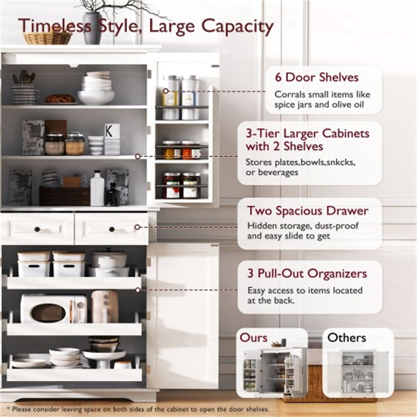 "LunaLulinlk 71"" Tall Kitchen Pantry Cabinet with 3 Pull Out Cabinet Organizers, Farmhouse Embossed Texture Storage Cabinet "