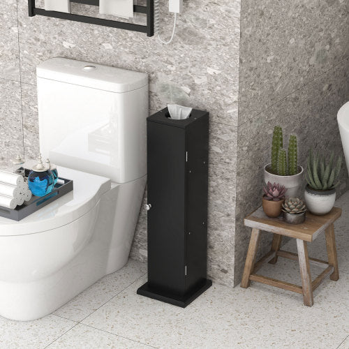 LunaLulinlk Toilet Paper Cabinet, Small Bathroom Corner Floor Cabinet with Doors and Shelves, Thin Storage Bathroom Organizer for Paper Shampoo, Black