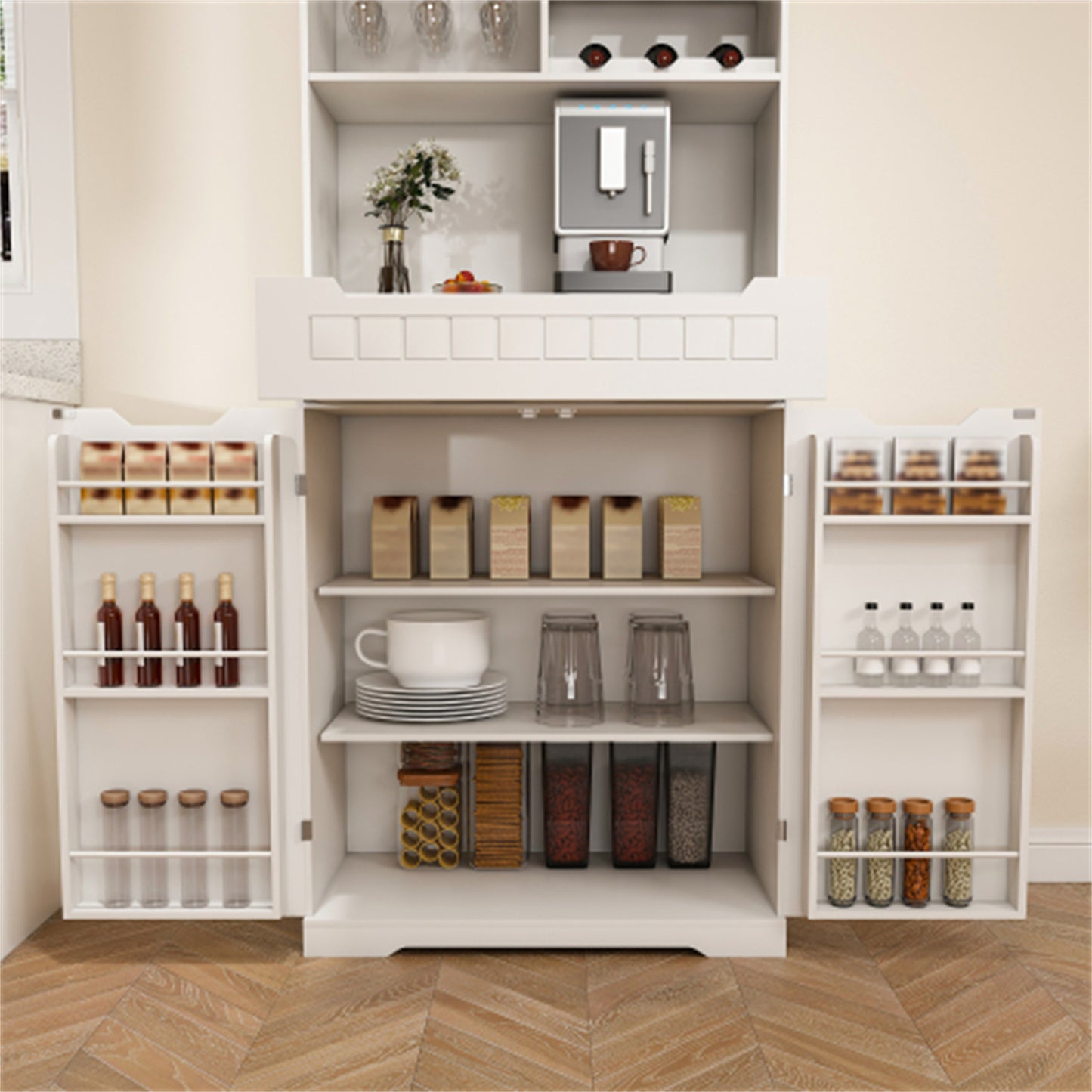 LunaLulinlk White Buffet Cabinet with Hutch - Modern Farmhouse Kitchen Storage Sideboard, Coffee Bar Station or Liquor