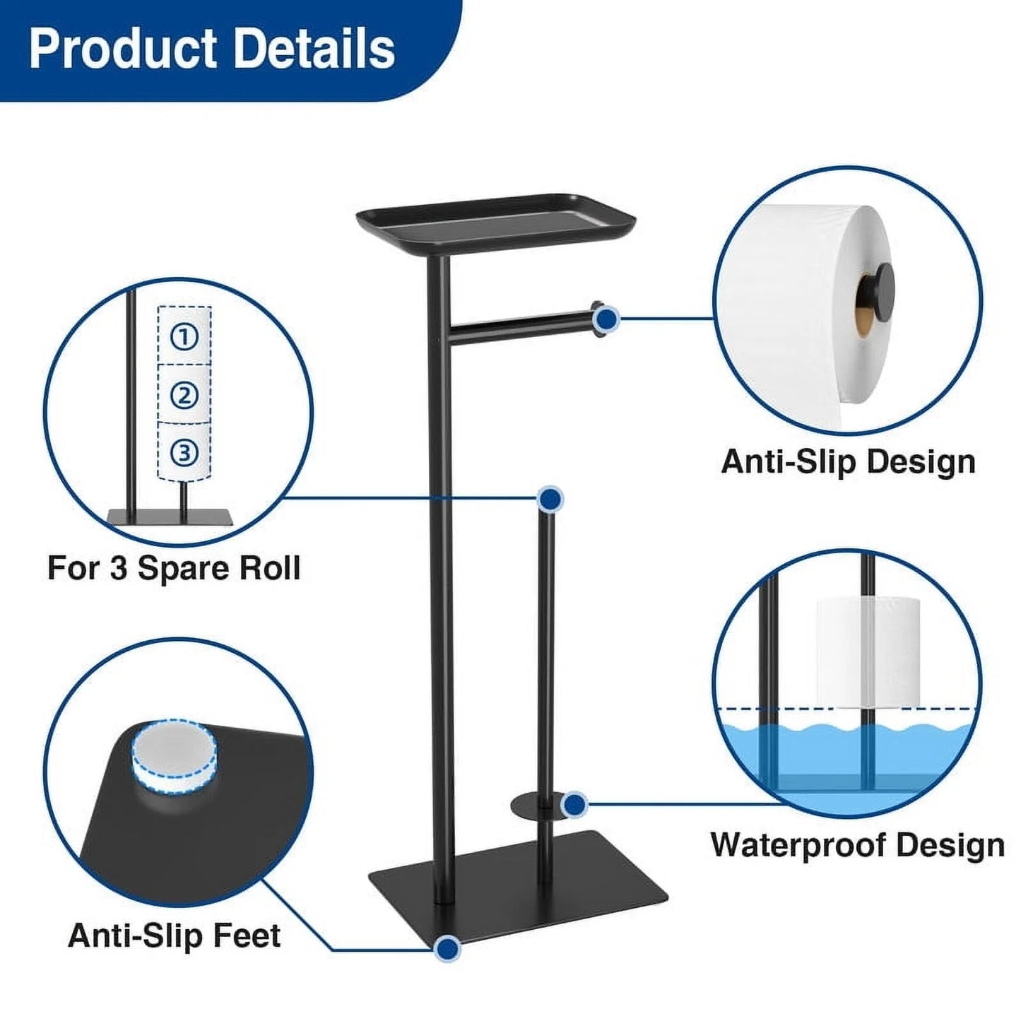 LunaLulinlk Toilet Paper Holder Stand with Top Storage Shelf, Black Toilet Paper Roll Holder Free Standing