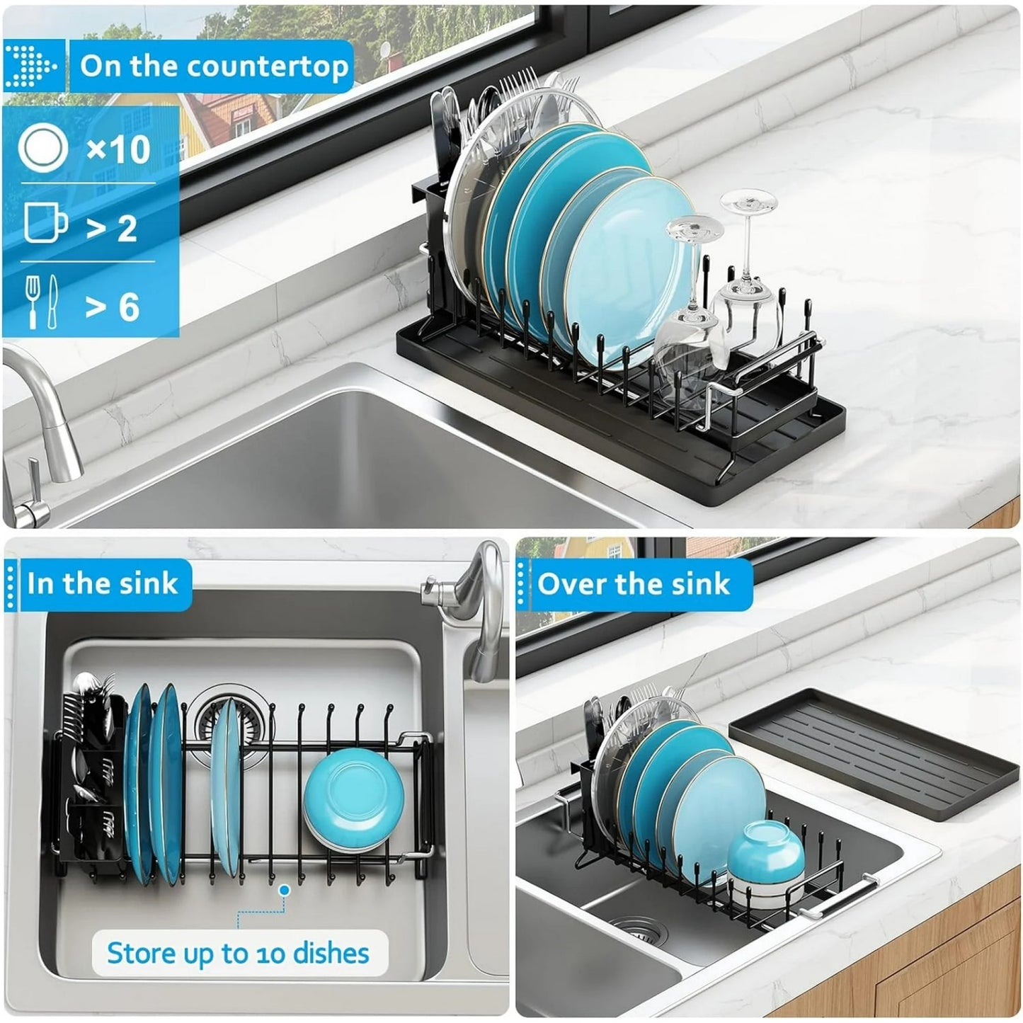 LunaLulinlk Sink Dish Drying Rack, Expandable Small Dish Rack Over Sink with Silicone Drying Tray, Black