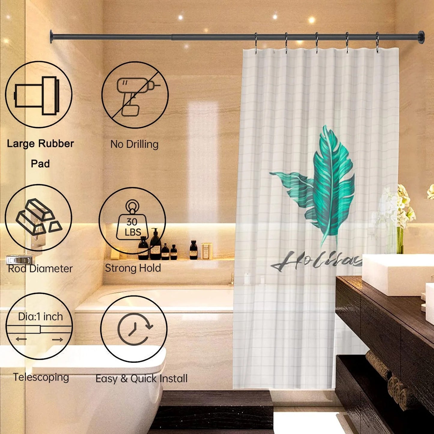 LunaLulinlk Shower Curtain Rod,43-72 Inch Adjustable Tension Shower Rod Never Rust Non-Slip No Drilling Spring Tension Curtain Rod