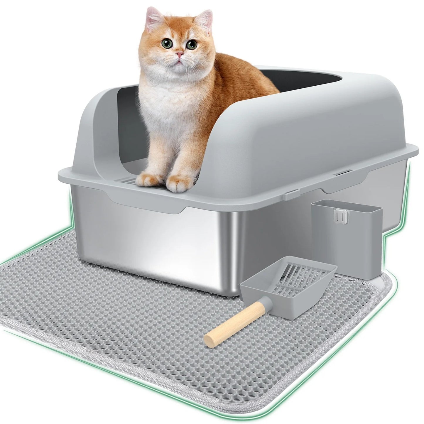 LunaLulinlk Stainless steel cat litter tray with lid and high sides, suitable for multiple cats.