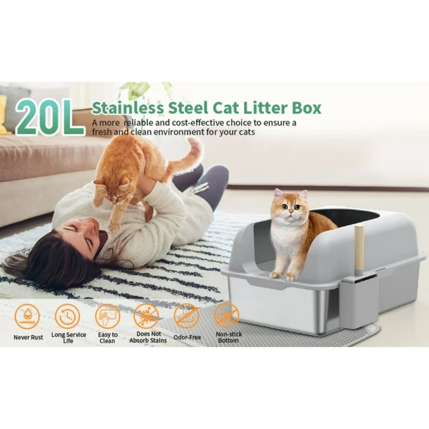 LunaLulinlk Stainless steel cat litter tray with lid and high sides, suitable for multiple cats.