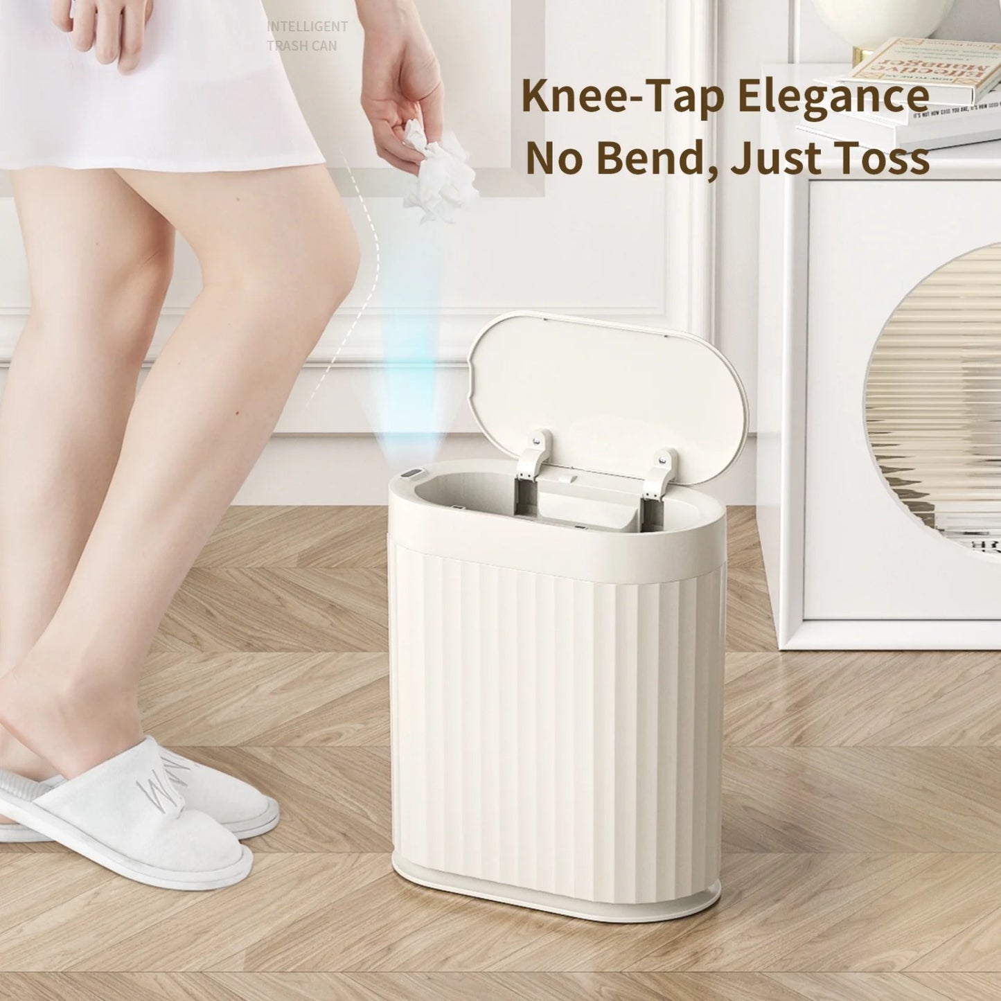 LunaLulinlk Small Trash Can Automatic Touch Less Garbage Bin with Lid, 2 Gallon Plastic Slim Waste Basket Electric Motion Sensor Cream White