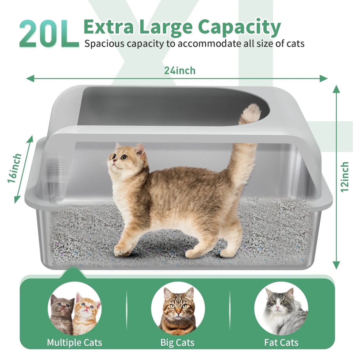 LunaLulinlk Stainless steel cat litter tray with lid and high sides, suitable for multiple cats.