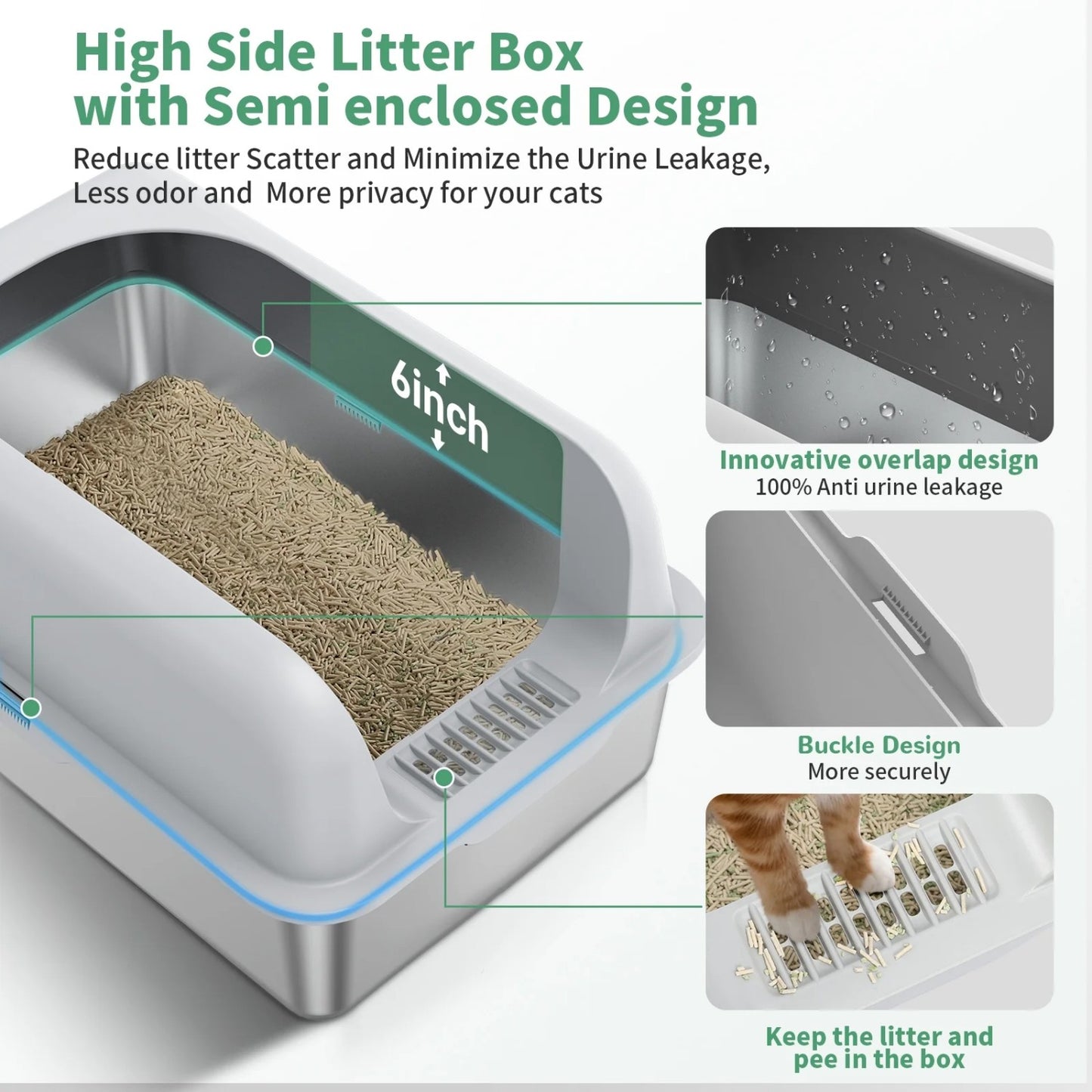 LunaLulinlk Stainless steel cat litter tray with lid and high sides, suitable for multiple cats.