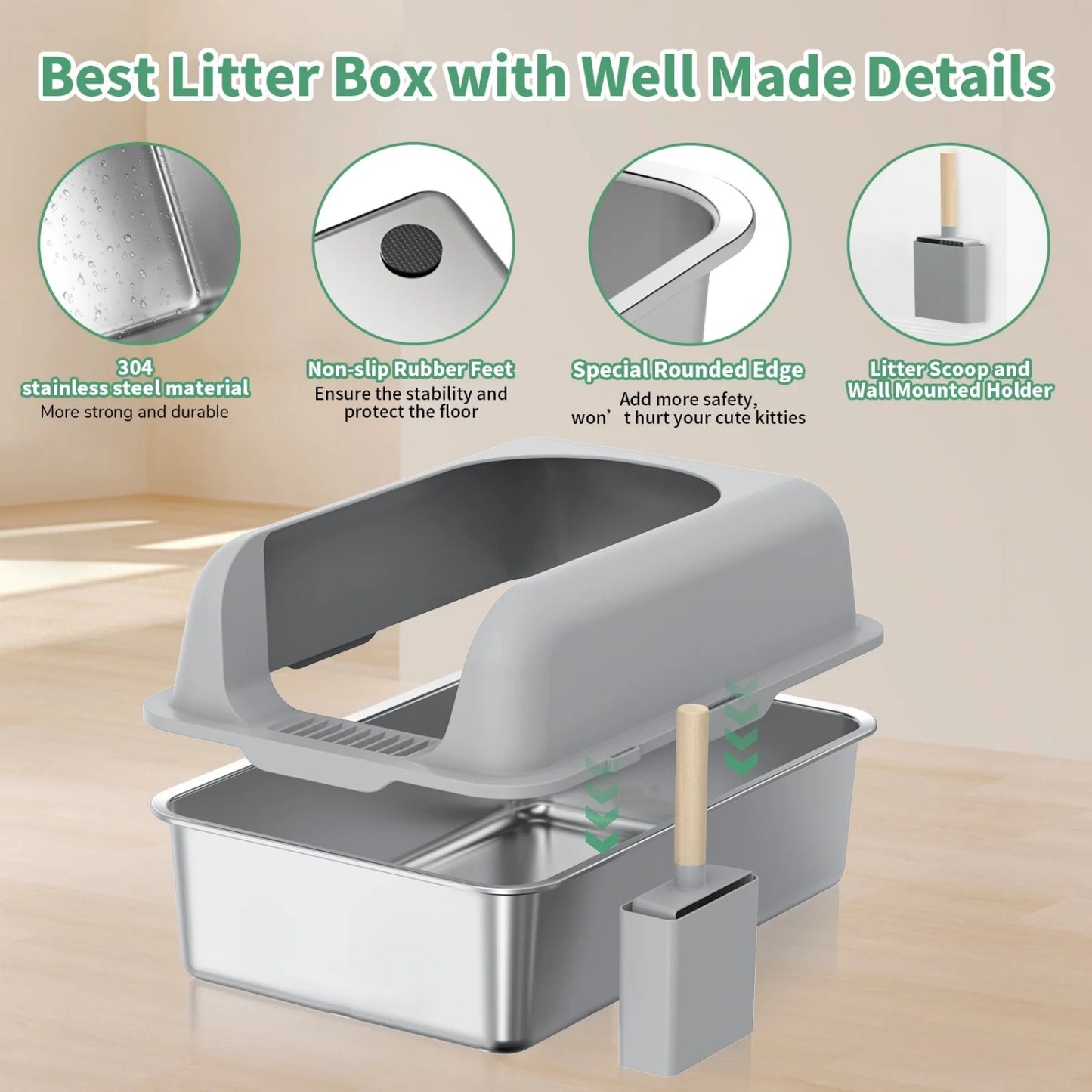 LunaLulinlk Stainless steel cat litter tray with lid and high sides, suitable for multiple cats.
