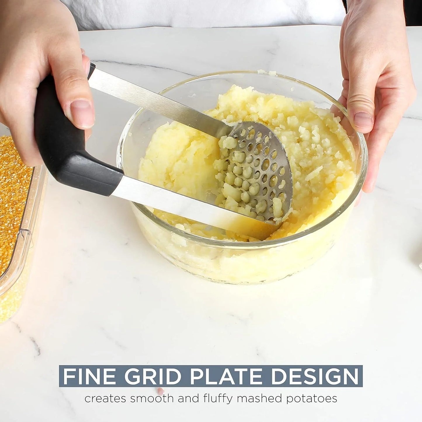 LunaLulinlk Stainless Steel Masher, Broad and Ergonomic Horizontal, Fine Plate for Smooth Mashed Potatoes, Soft Grip and Non-Slip Handle, Black