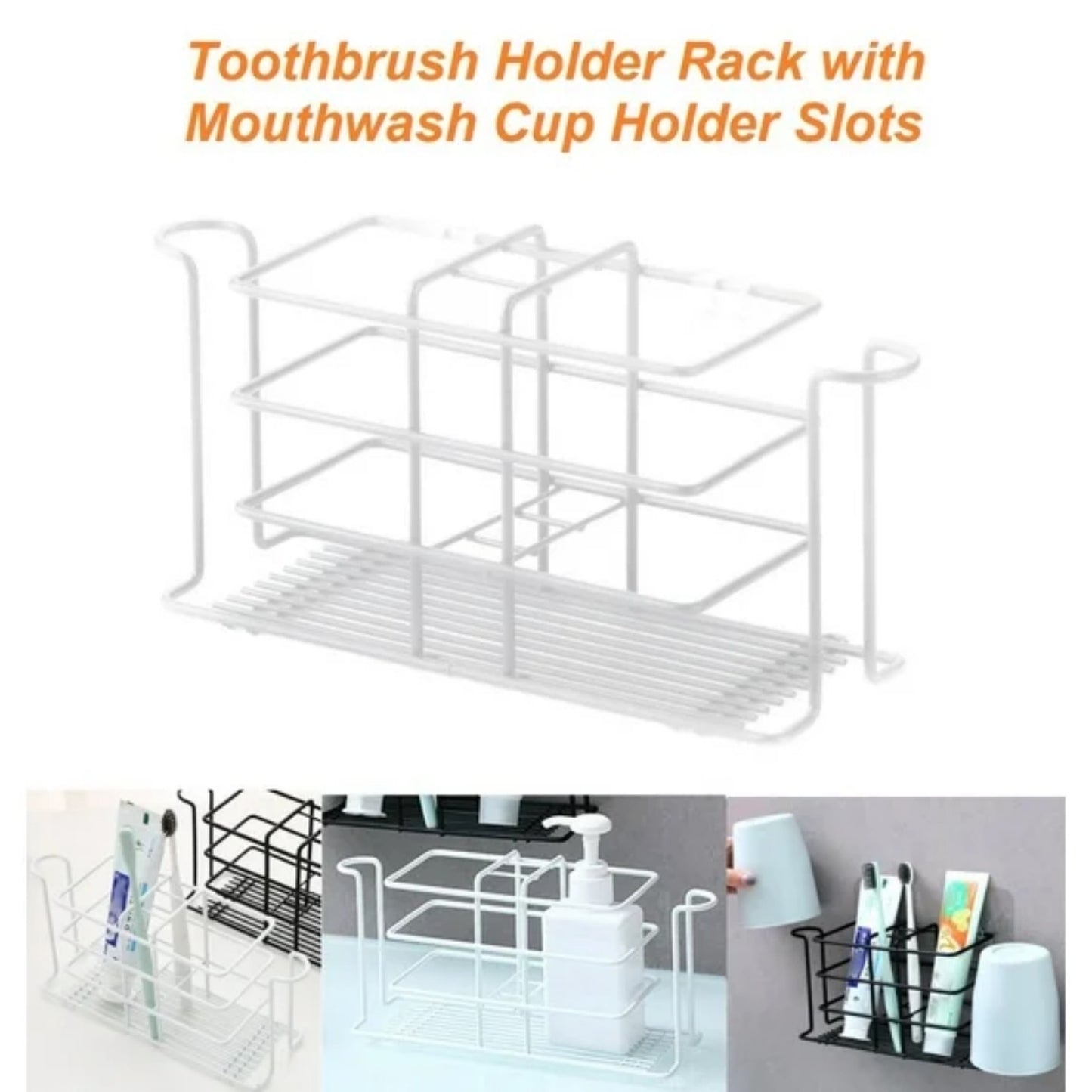 LunaLulinlk Toothbrush Holder Rack with Mouthwash Cup Holder Slots, Toothbrush Toothpaste Holder Wall-Mounted Drill Free Storage Rack White
