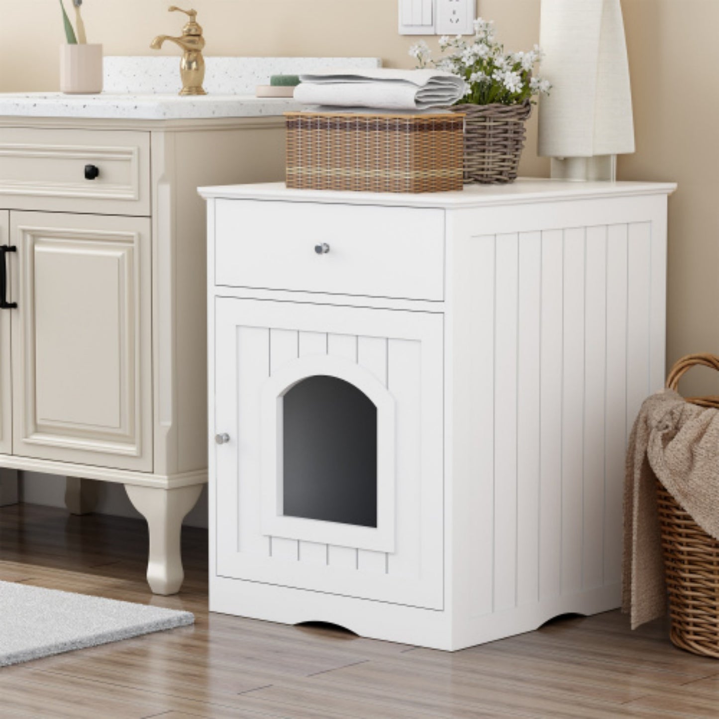 LunaLulinlk Wooden pet house cat litter box fence with drawer and side table