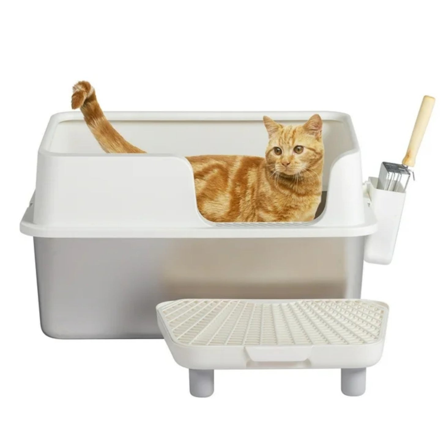 LunaLulinlk white Stainless steel cat litter box with lid, cat litter box with pedal filter and scoop