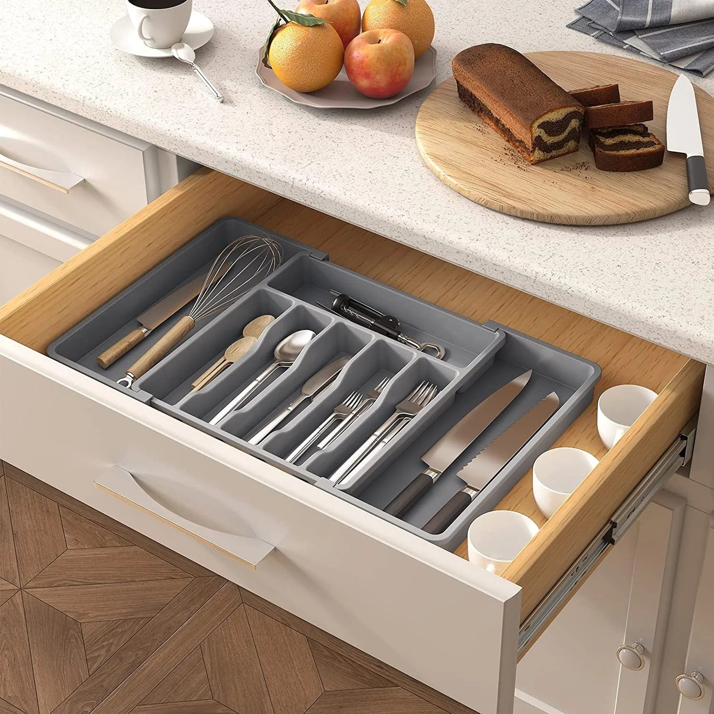 LunaLulinlk Silverware Drawer Organizer, Expandable Utensil Tray for Kitchen, Adjustable Flatware Grey