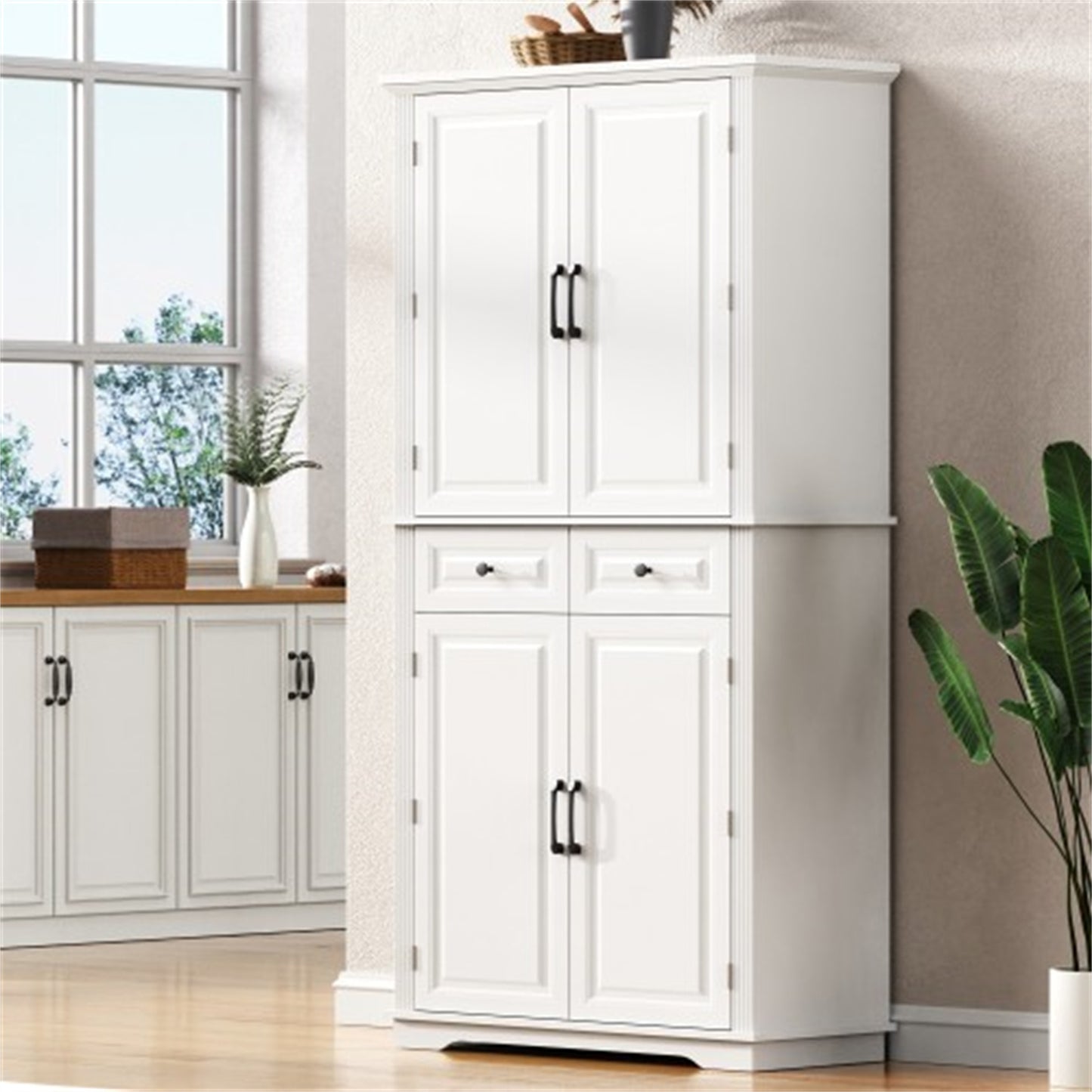 "LunaLulinlk 71"" Tall Kitchen Pantry Cabinet with 3 Pull Out Cabinet Organizers, Farmhouse Embossed Texture Storage Cabinet "