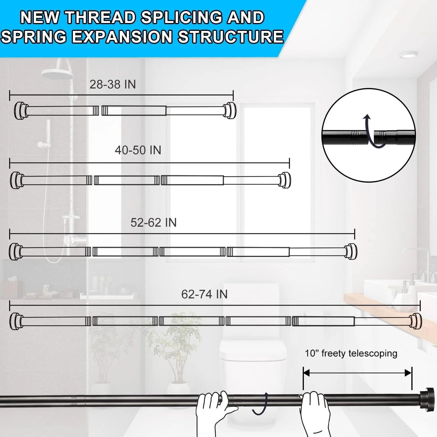 LunaLulinlk Swivel Shower Curtain Rod 31-50 inches Adjustable Matte Black Spring Tension Shower Rod