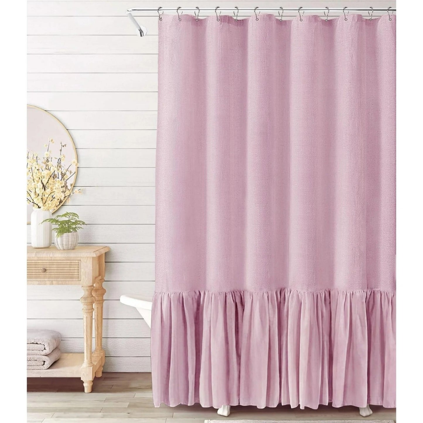 LunaLulinlk Shower Curtain with A Ruffle Hem Pink Boho Linen Shower Curtain