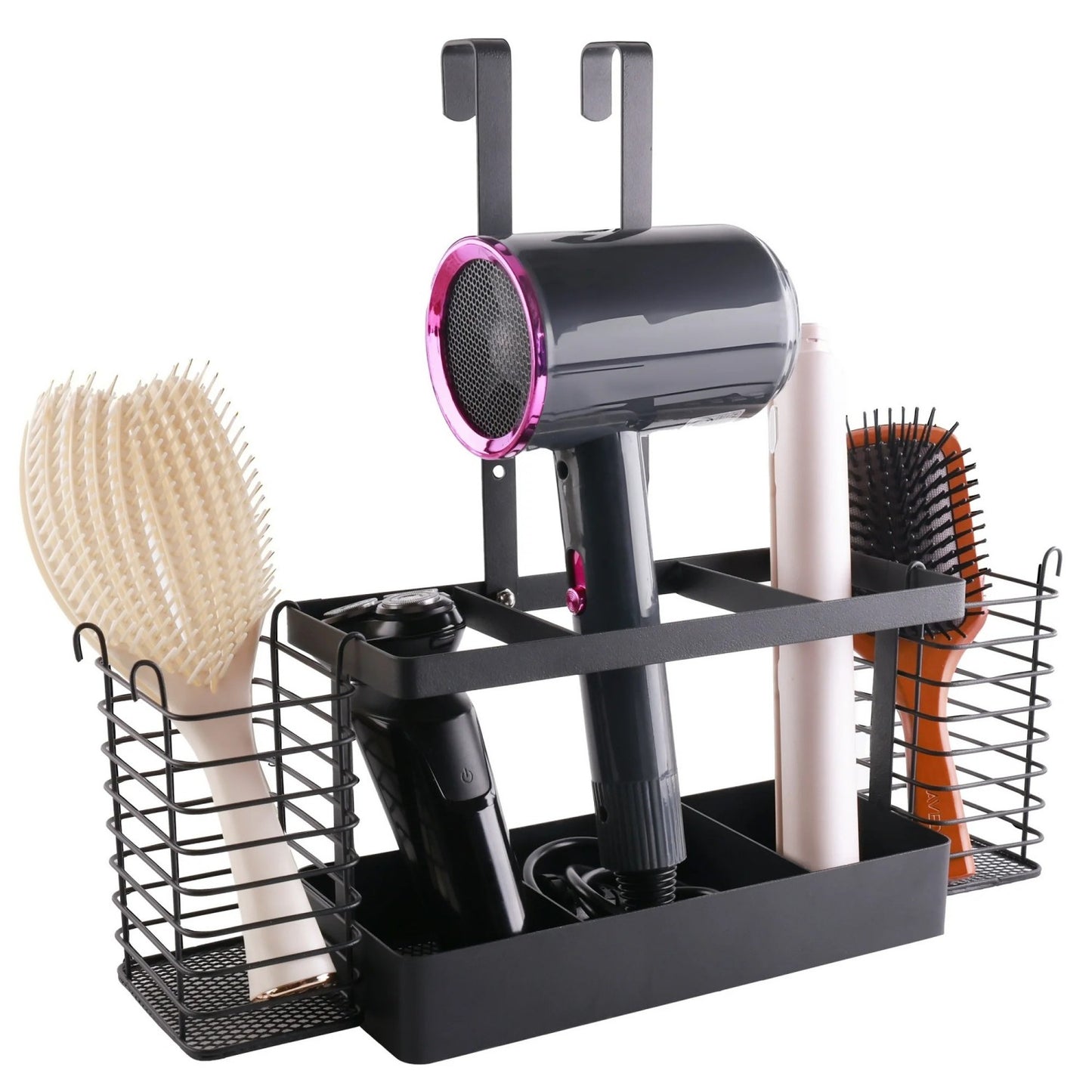 LunaLulinlk Tool Organizer, 3-in-1 Hair Dryer Holder Metal Bathroom Organizer Wall Mount Cabinet Door for Hair Dryer, Curling Iron, Makeup, Black