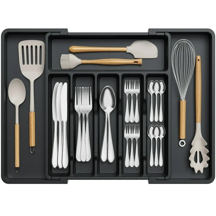 LunaLulinlk Silverware Drawer Organizer Expandable Utensil Tray Adjustable Flatware, Plastic, Black