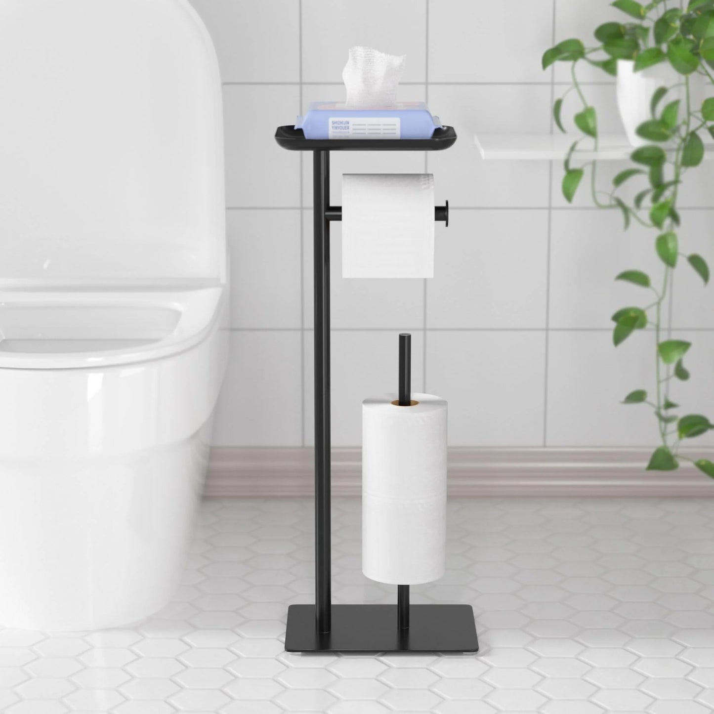 LunaLulinlk Toilet Paper Holder Stand with Top Storage Shelf, Black Toilet Paper Roll Holder Free Standing