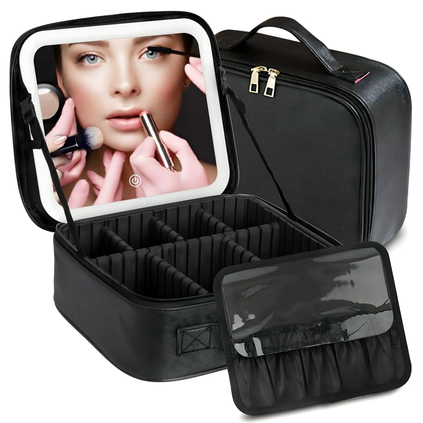 LunaLulinlk Makeup Bag, Travel Makeup Bag with LED Mirror, Portable Makeup Case with Adjustable Dividers, Black