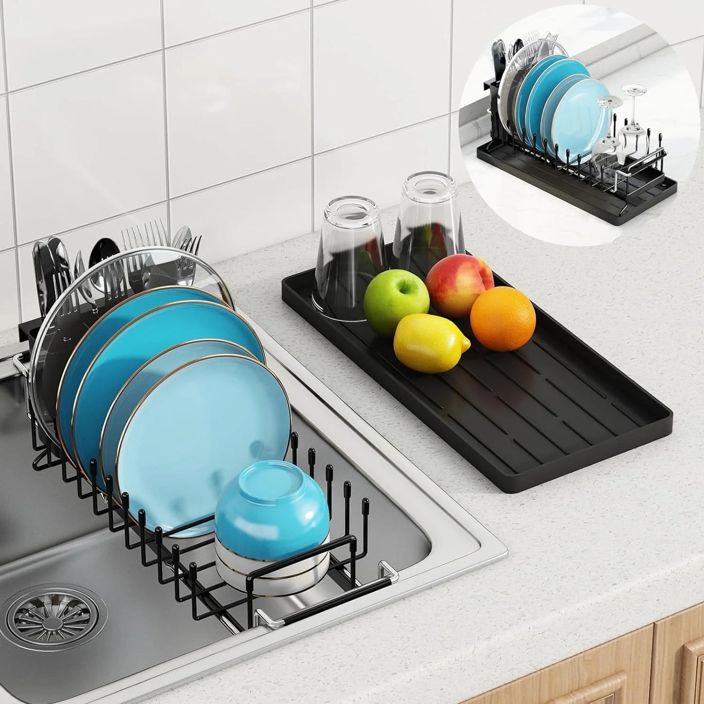 LunaLulinlk Sink Dish Drying Rack, Expandable Small Dish Rack Over Sink with Silicone Drying Tray, Black