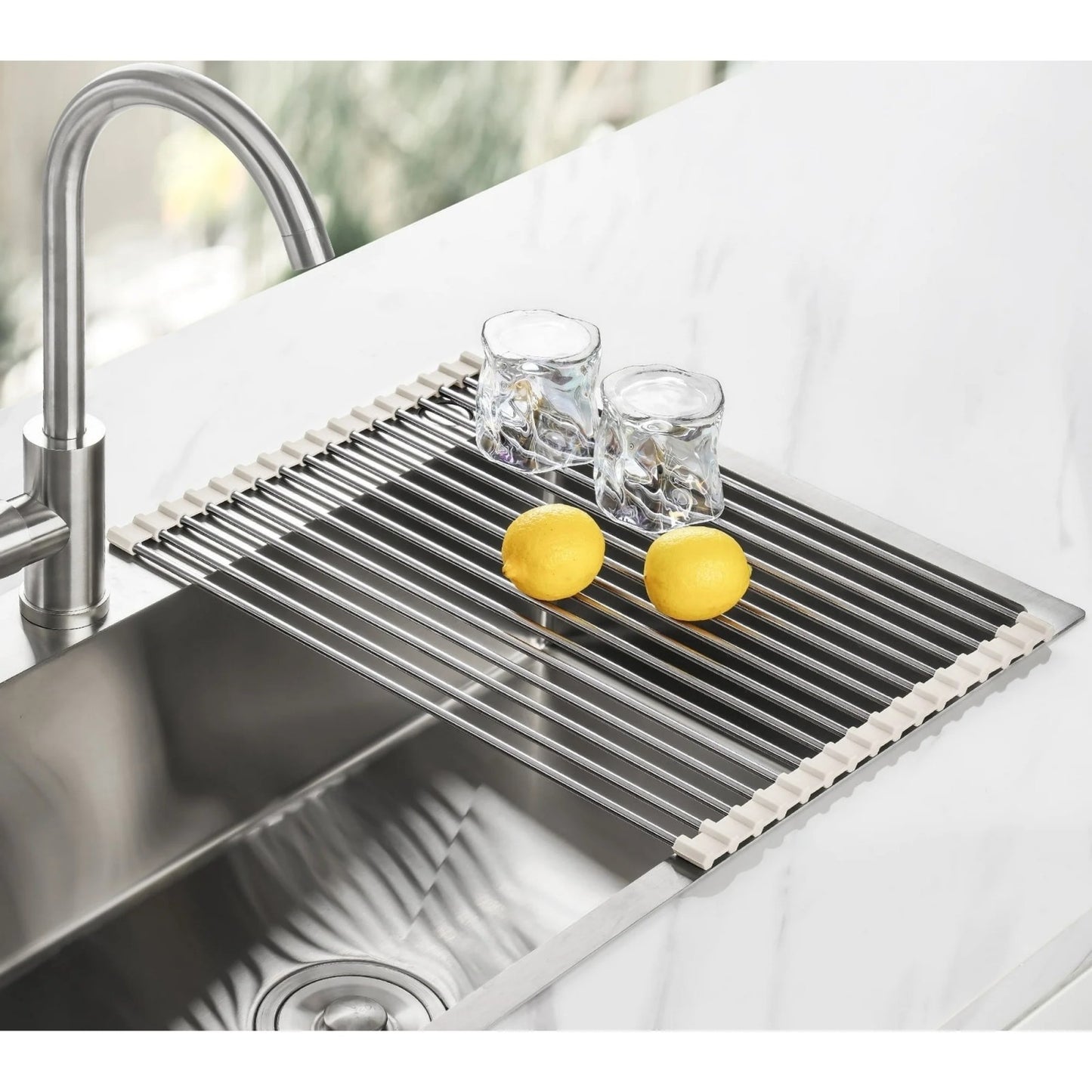 LunaLulinlk Stainless Steel Roll-Up Dish Drying Rack Marble Color Silicone Edges, Foldable Kitchen Rack Heat Resistant Trivet (17.7"x12.5"),White