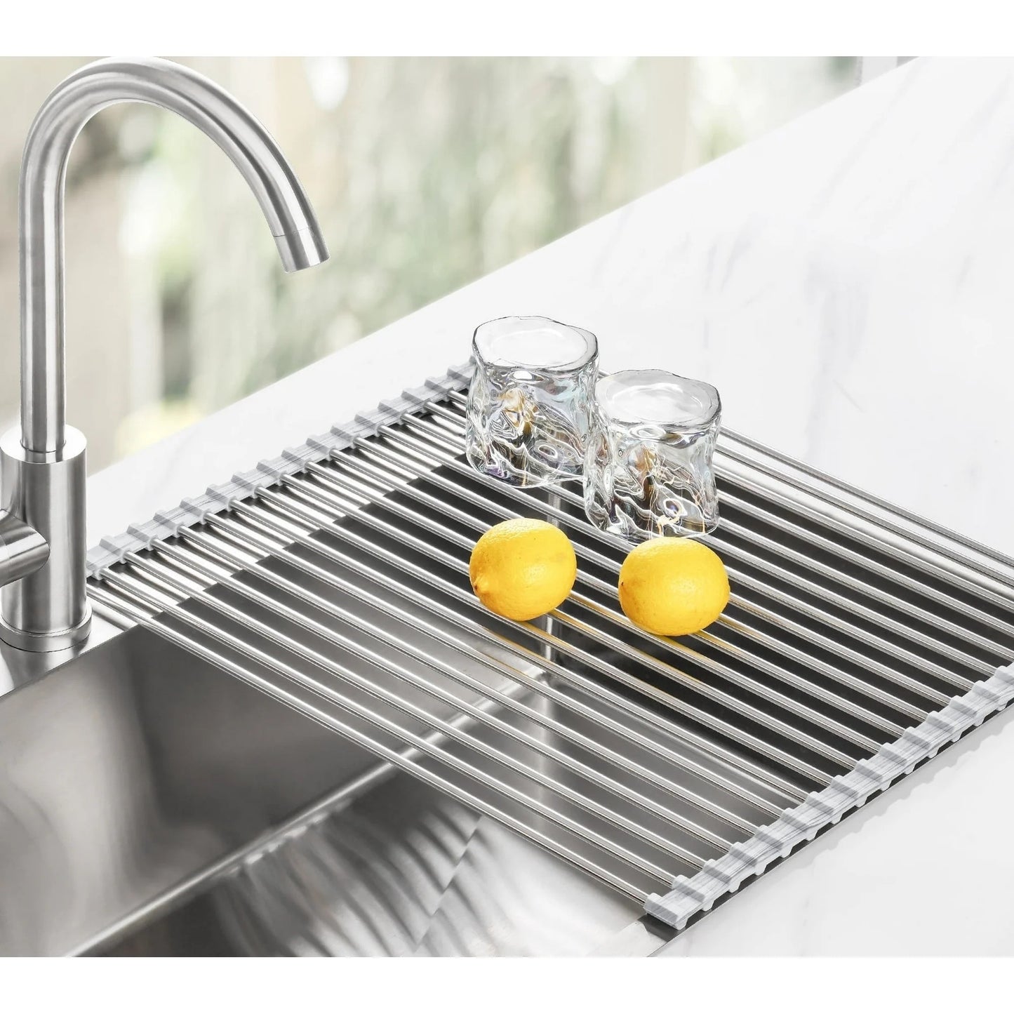 LunaLulinlk Stainless Steel Roll-Up Dish Drying Rack Marble Color Silicone Edges, Foldable Kitchen Rack Heat Resistant Trivet (17.7"x12.5"),Marble