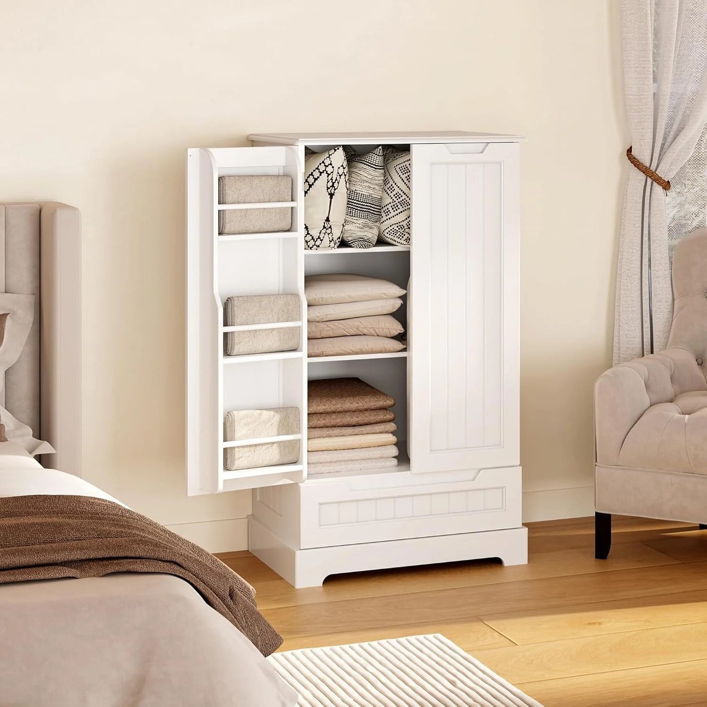 LunaLulinlk Small Kitchen Pantry Storage Cabinets with Doors and Shelves, 41'' Kitchen Pantry with Drawers for Dining Room and Living Room, White