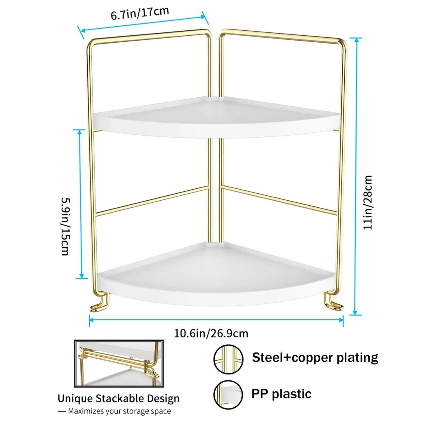 LunaLulinlk Stainless Steel 2-Tier Corner Makeup Organizer with 4 Compartments, Gold