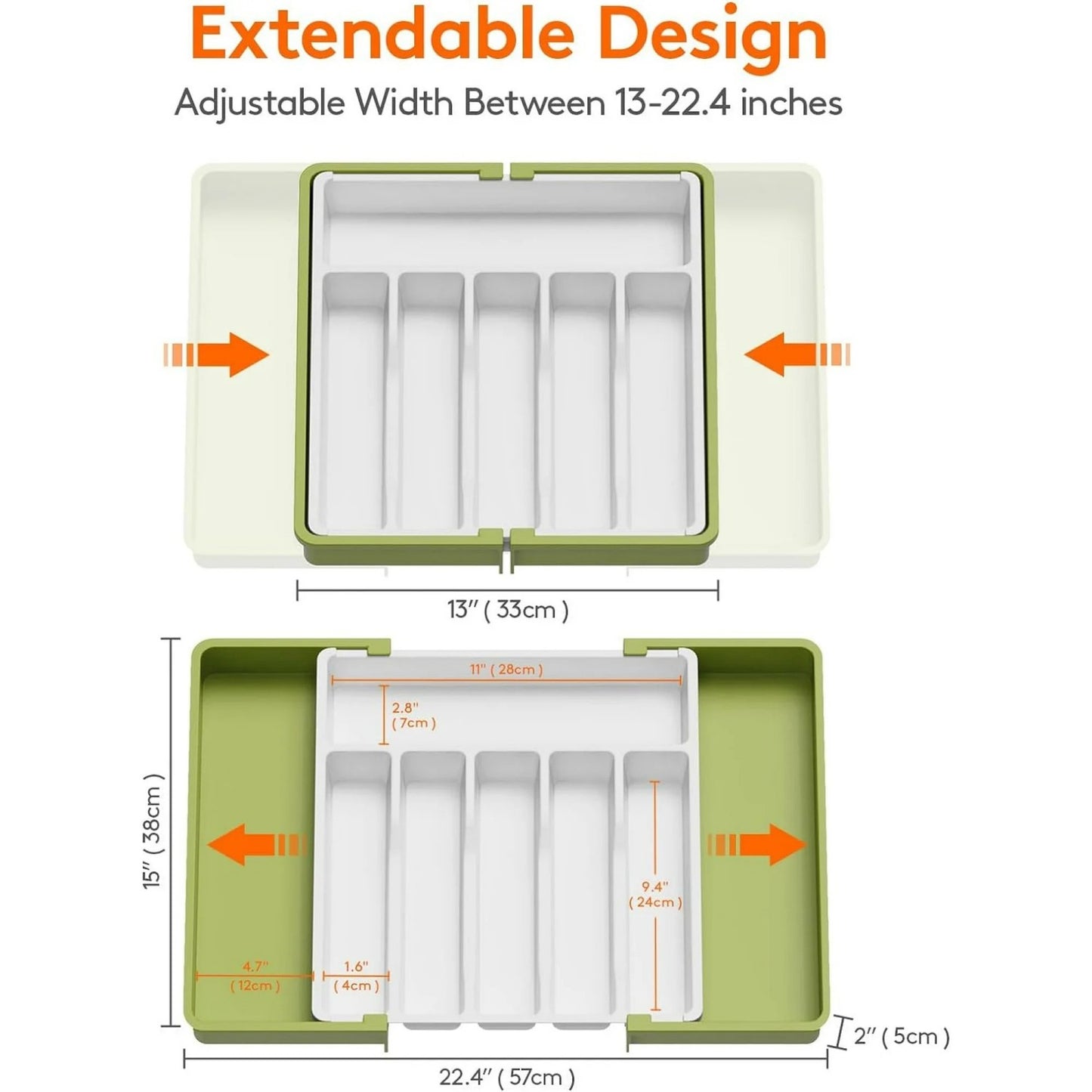 LunaLulinlk Silverware Drawer Organizer Expandable Utensil Tray Adjustable Flatware, Plastic, Green&White