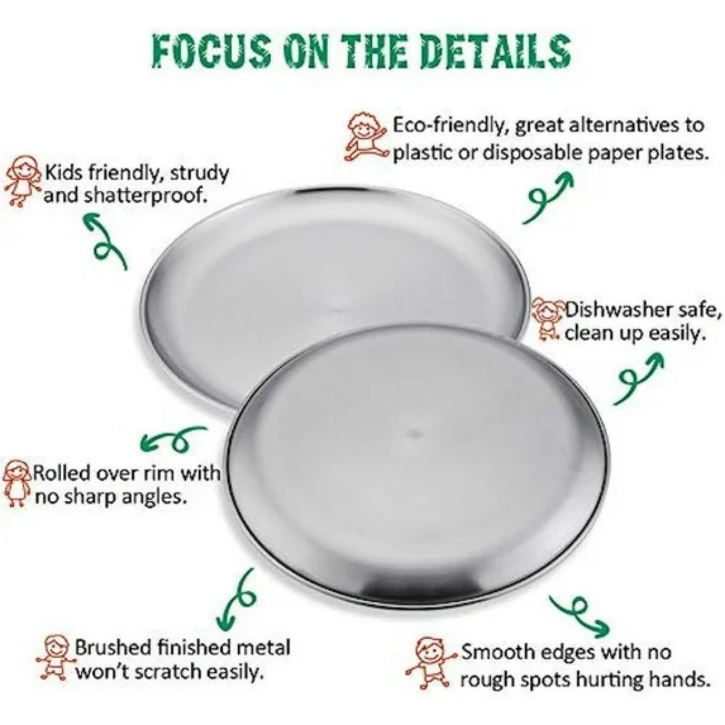 LunaLulinlk Stainless Steel Plates Set of 2, 8-inch Metal Dinner Plates for Kids Toddlers Healthy & Non-toxic, Shatterproof & Dishwasher Safe