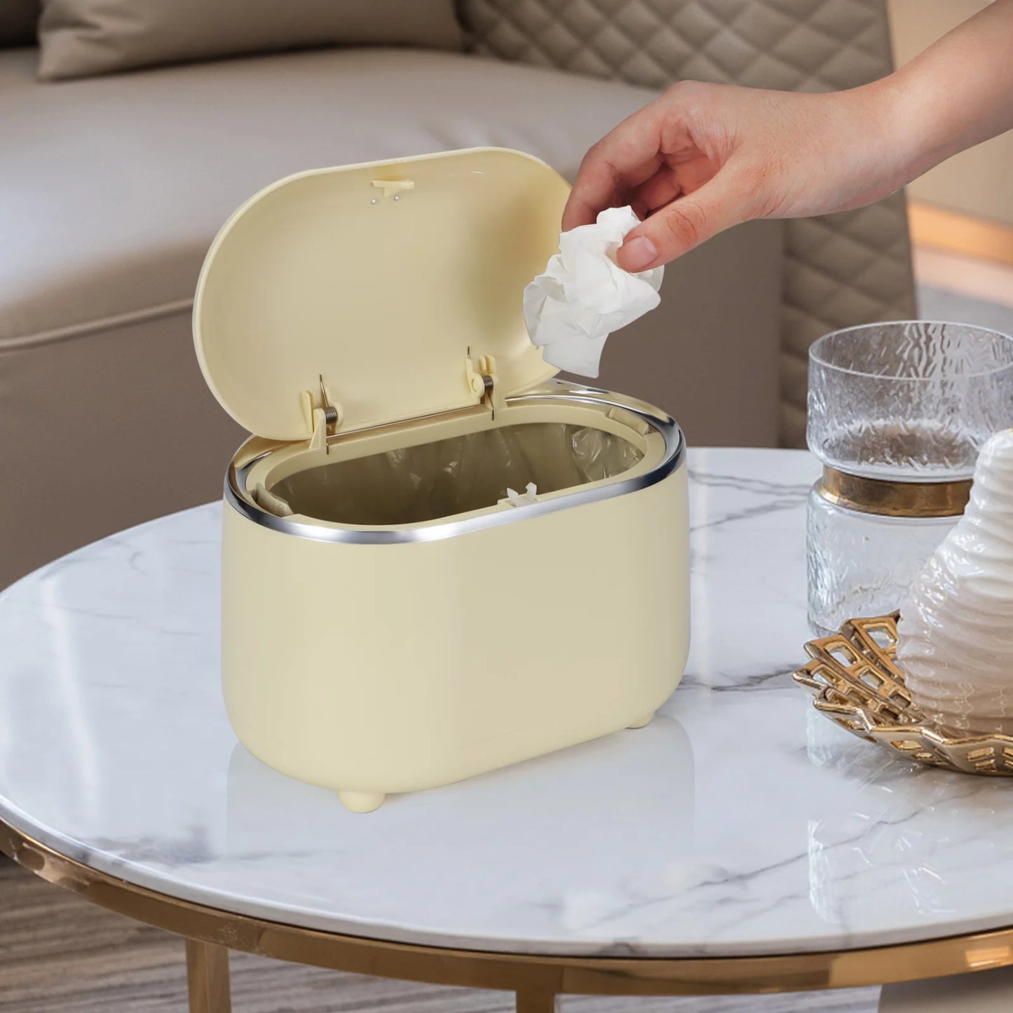 LunaLulinlk Yellow Mini Tabletop Trash Can with 200 Trash Bags, Pop-Up Small Tabletop Trash Can with Lid, Small Countertop Trash Can