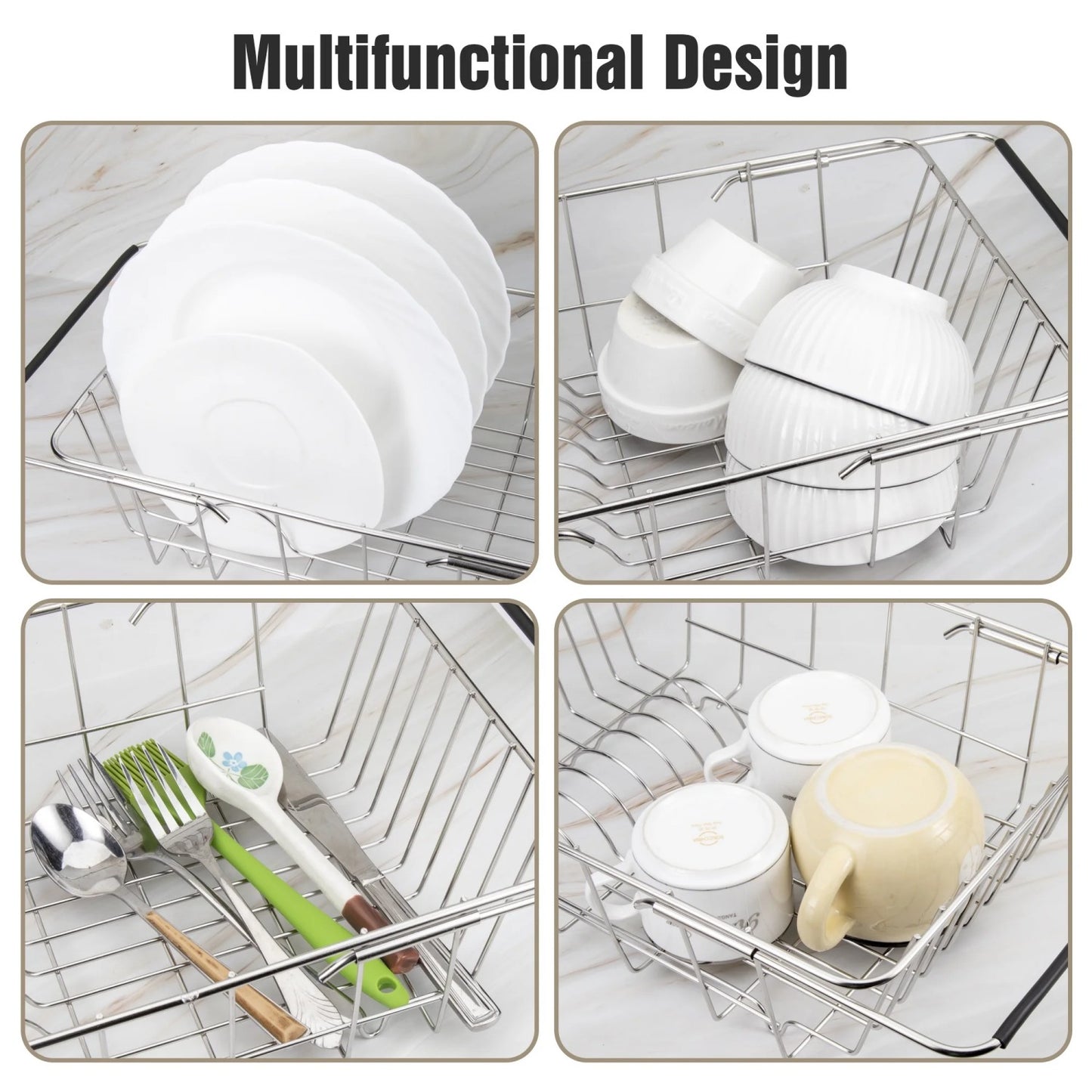 LunaLulinlk Stainless Steel Dish Drainer Plate Rack, Extendable Dish Drying Rack Basket for Fruits Vegetables Pots Bowls Plates and Kitchen Utensils