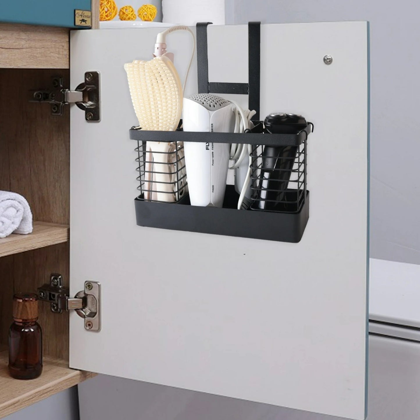 LunaLulinlk Tool Organizer, 3-in-1 Hair Dryer Holder Metal Bathroom Organizer Wall Mount Cabinet Door for Hair Dryer, Curling Iron, Makeup, Black