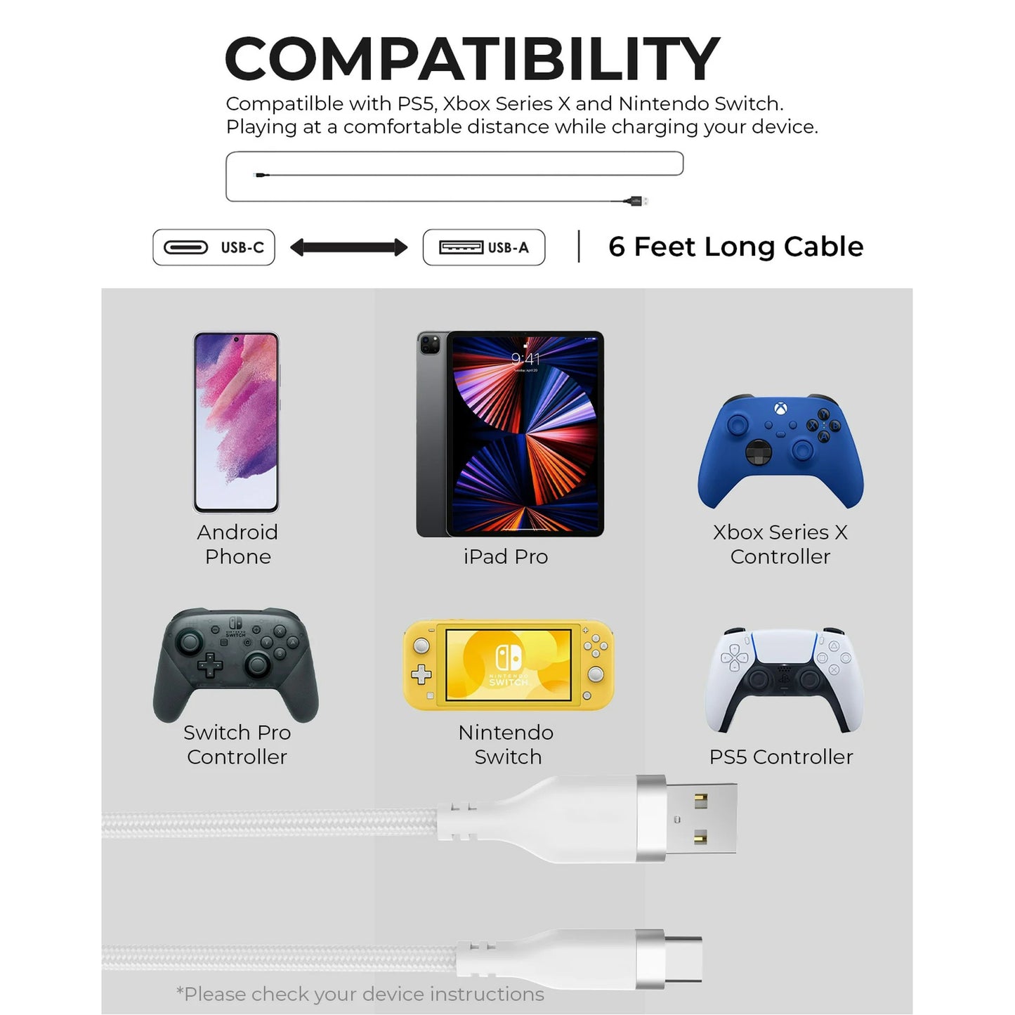 LunaLulinlk Type-C Fast Charger Cable, 6ft USB-C for Galaxy, Note, Tab, MacBook, Premium White