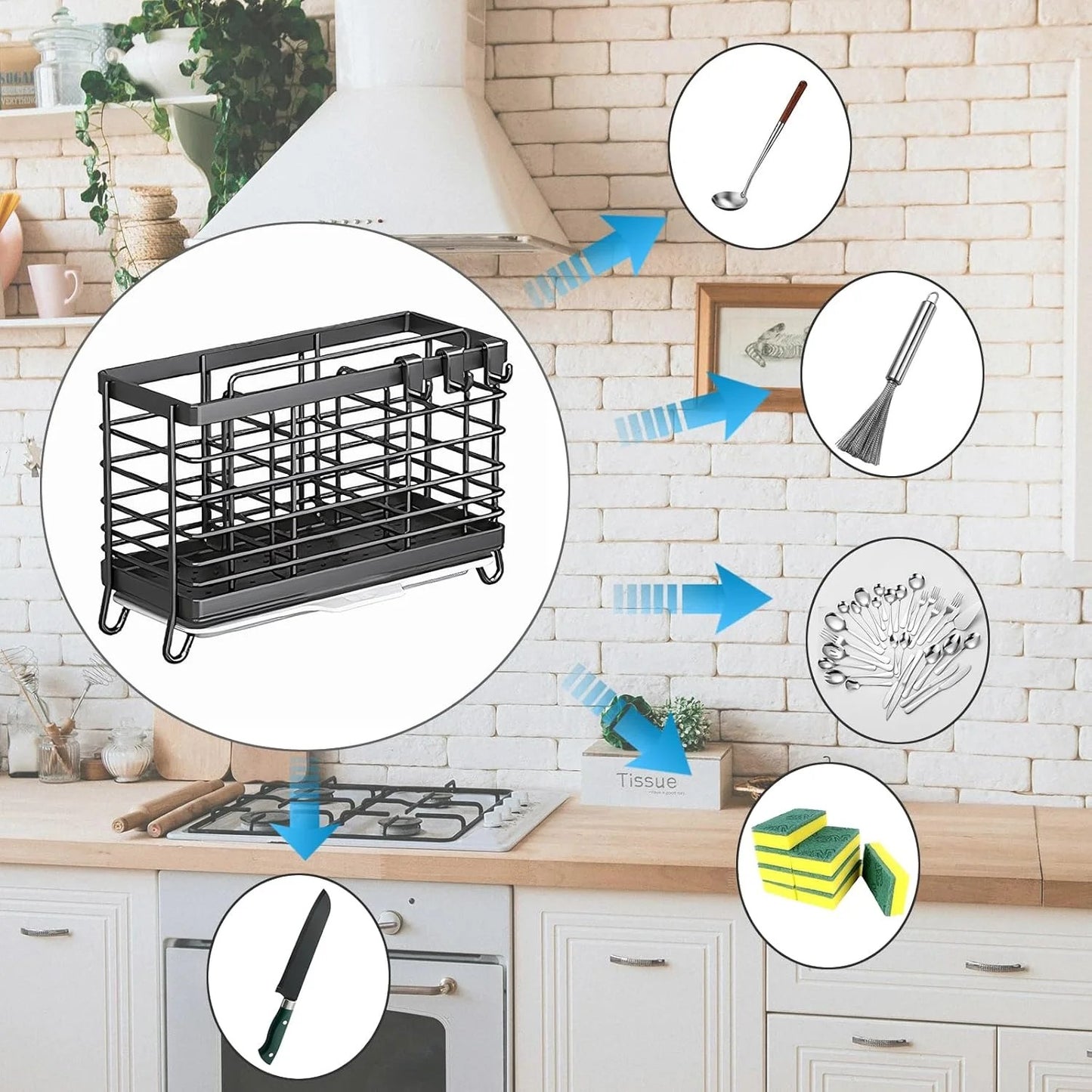 LunaLulinlk Utensil Holder, Dish Drainer for Kitchen Counter, 3 Compartments Stainless Steel Utensil Drying Rack, Wall Mouted Kitchen Utensils Holder