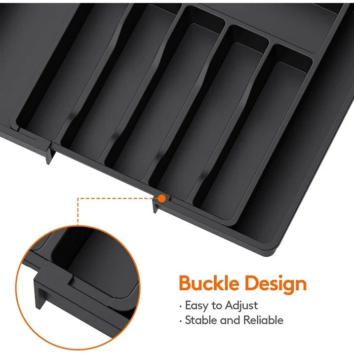 LunaLulinlk Silverware Drawer Organizer Expandable Utensil Tray Adjustable Flatware, Plastic, Black