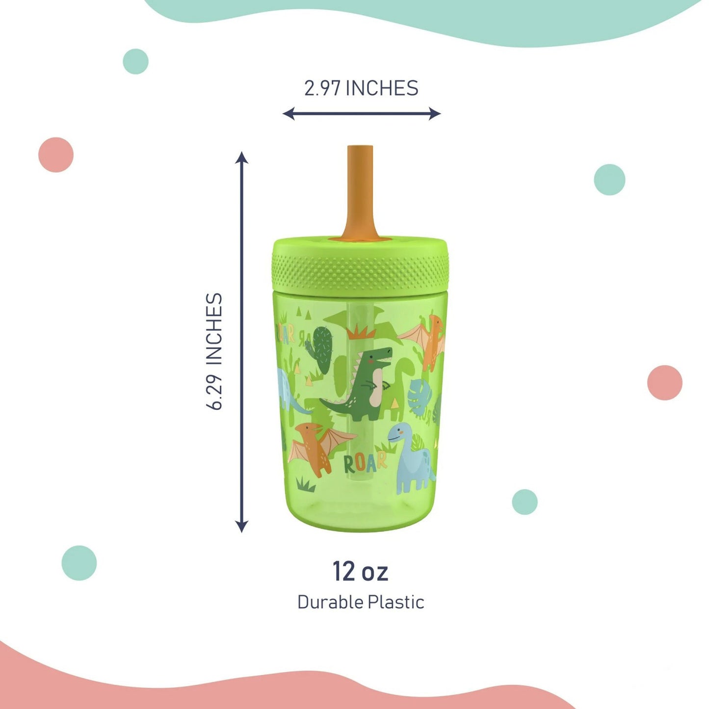 LunaLulinlk Tumbler, Soft Straw Tumbler for Toddlers, 12oz, Leak-Proof, Easy to Hold, Dinosaur