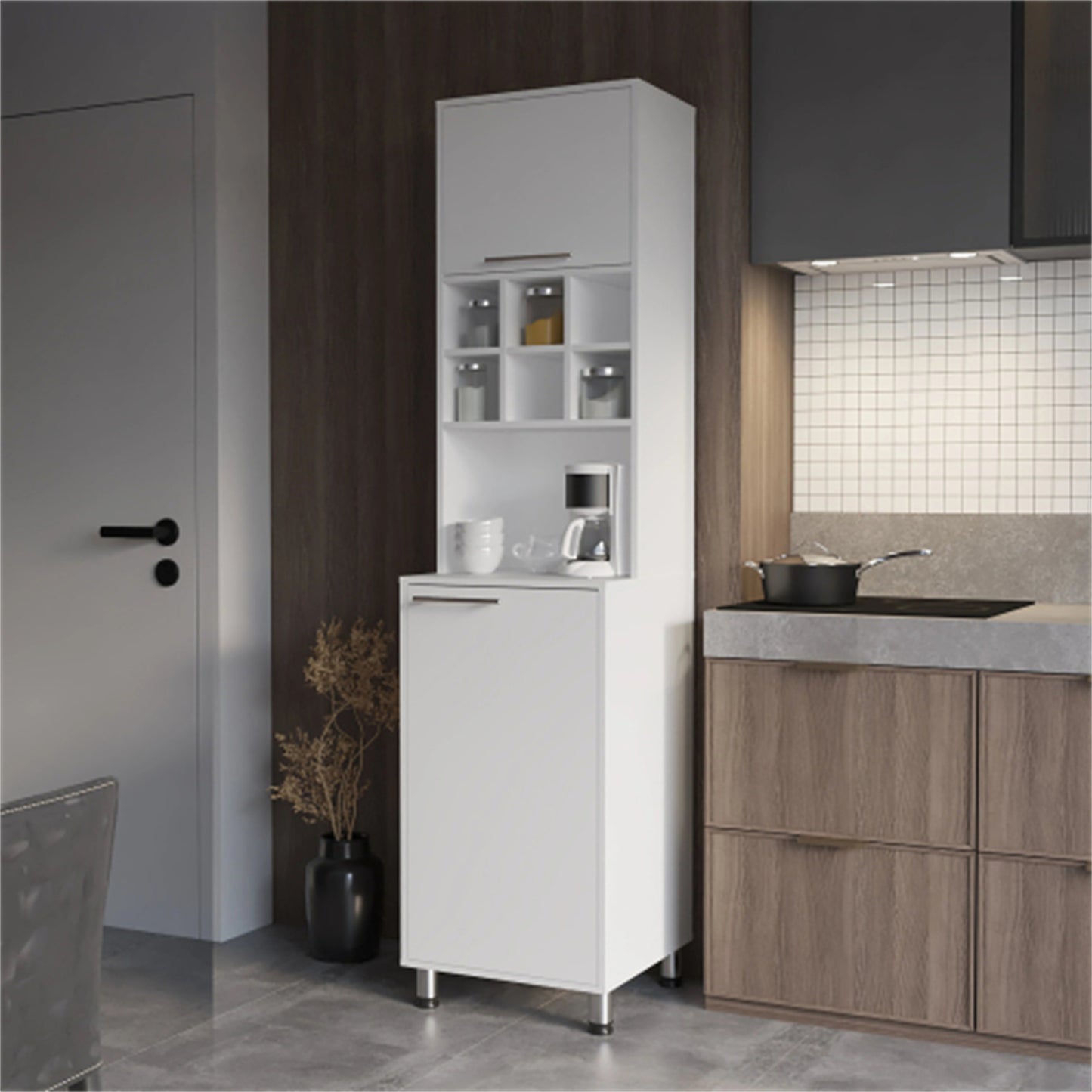 LunaLulinlk White Kitchen Pantry with Pneumatic Door and Open Storage