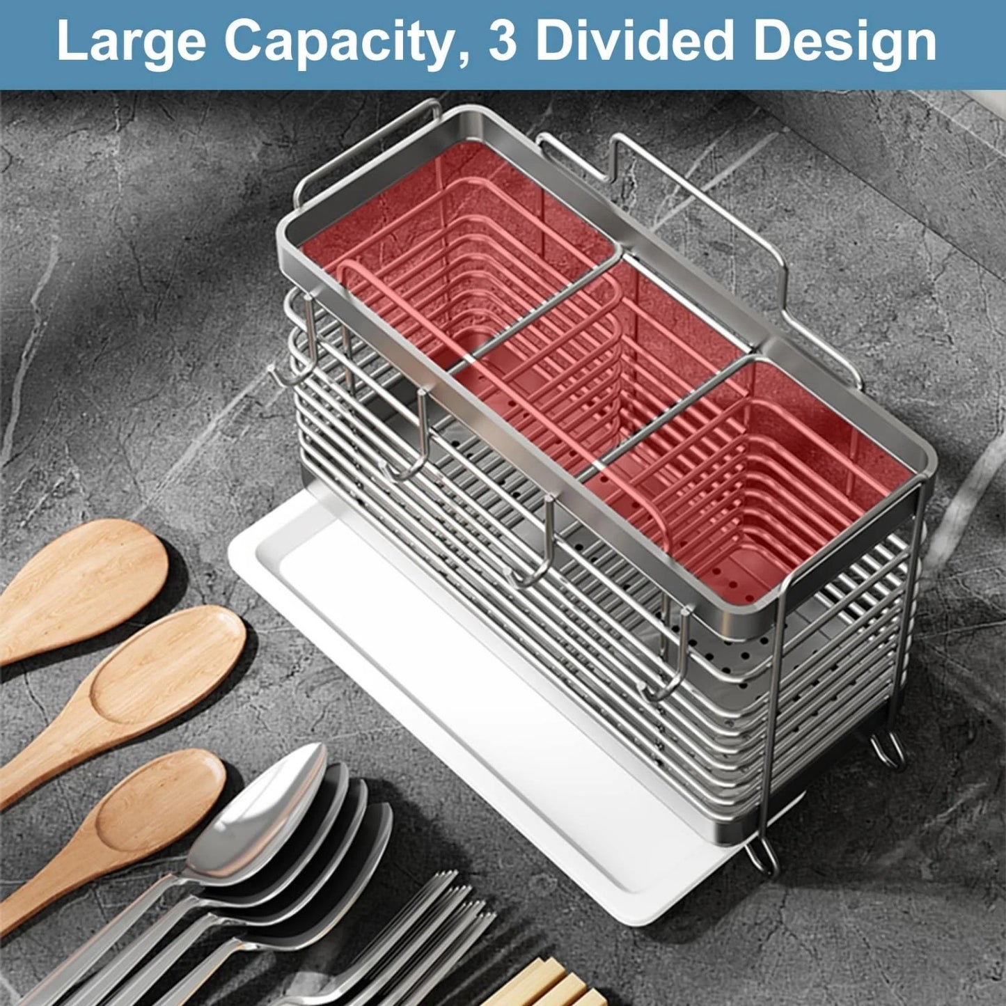 LunaLulinlk Utensil Holder for Kitchen Counter, Stainless Steel Utensil Drying Rack for Countertop with 3 Compartments, Drain Tray