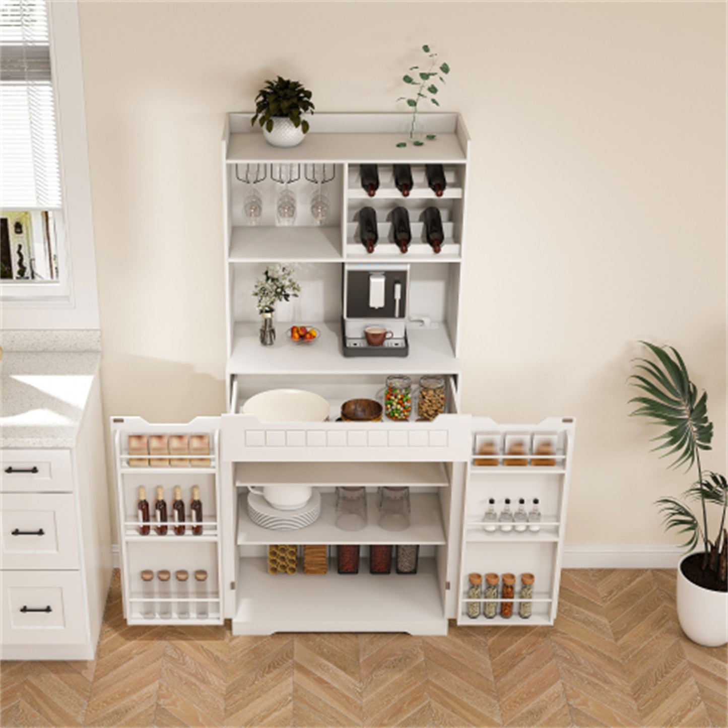 LunaLulinlk White Buffet Cabinet with Hutch - Modern Farmhouse Kitchen Storage Sideboard, Coffee Bar Station or Liquor