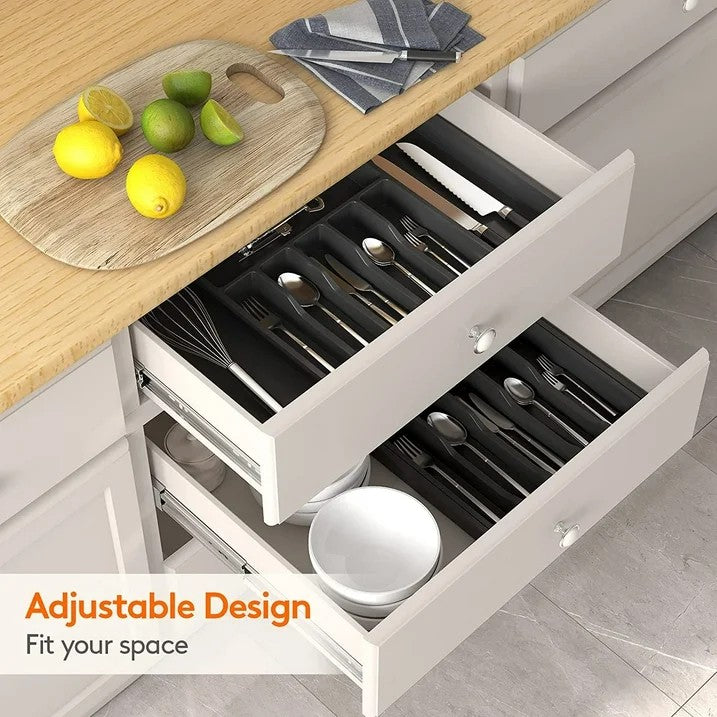 LunaLulinlk Silverware Drawer Organizer Expandable Utensil Tray Adjustable Flatware, Plastic, Black