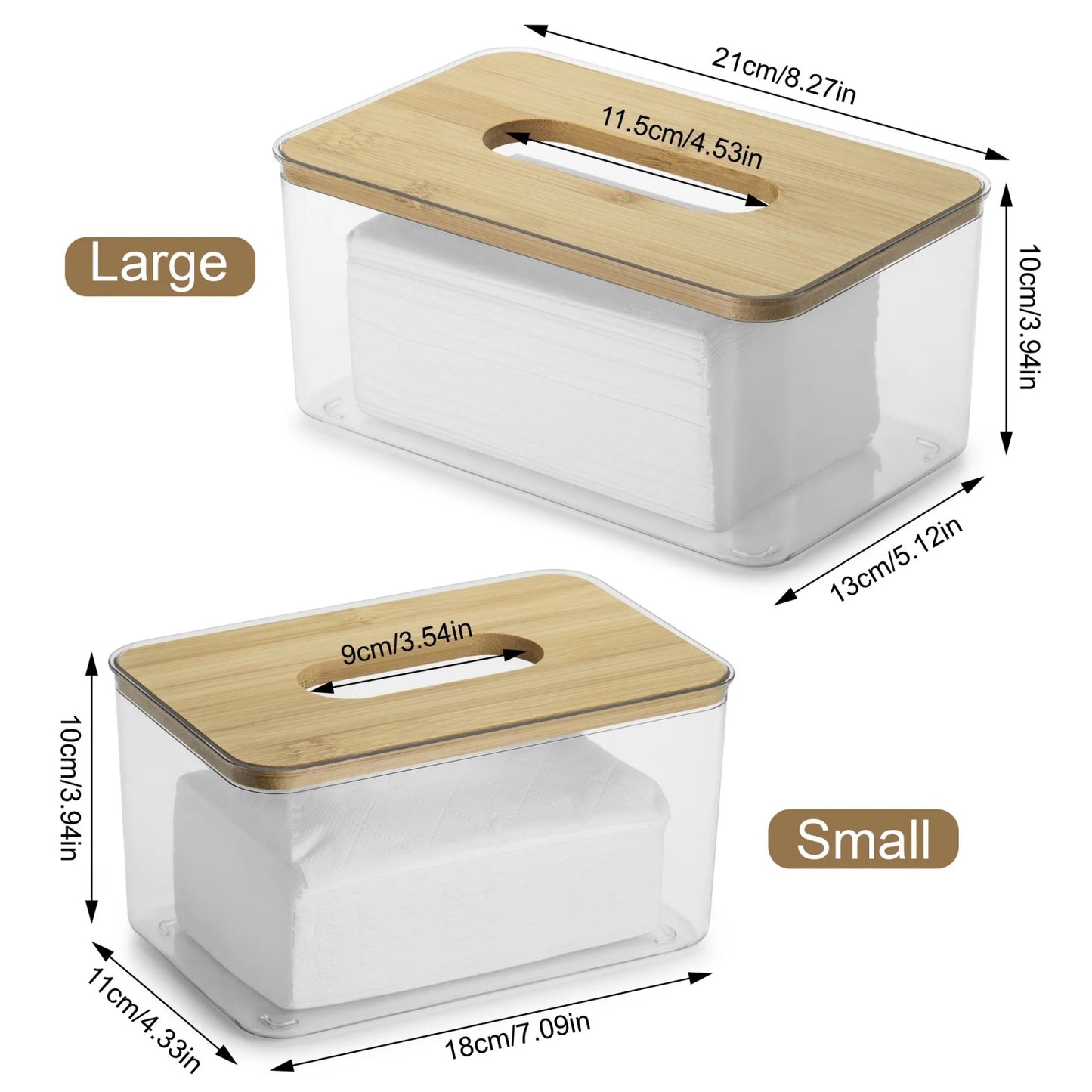 LunaLulinlk Tissue Box Cover Rectangle, Plastic Tissue Box Holder with Bamboo Lid Top, Clear, 2 Count